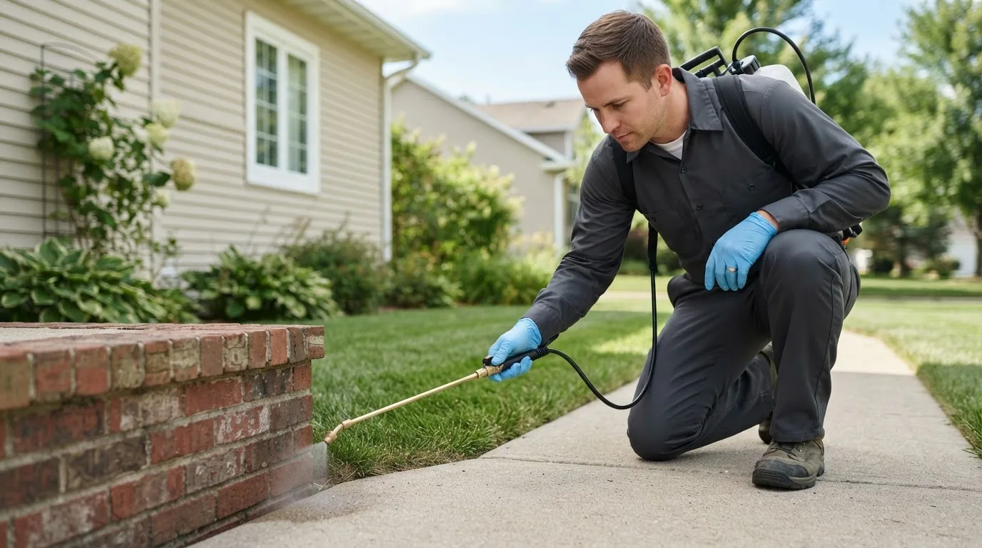 Pest control technician treating a home near Lakemore, OH