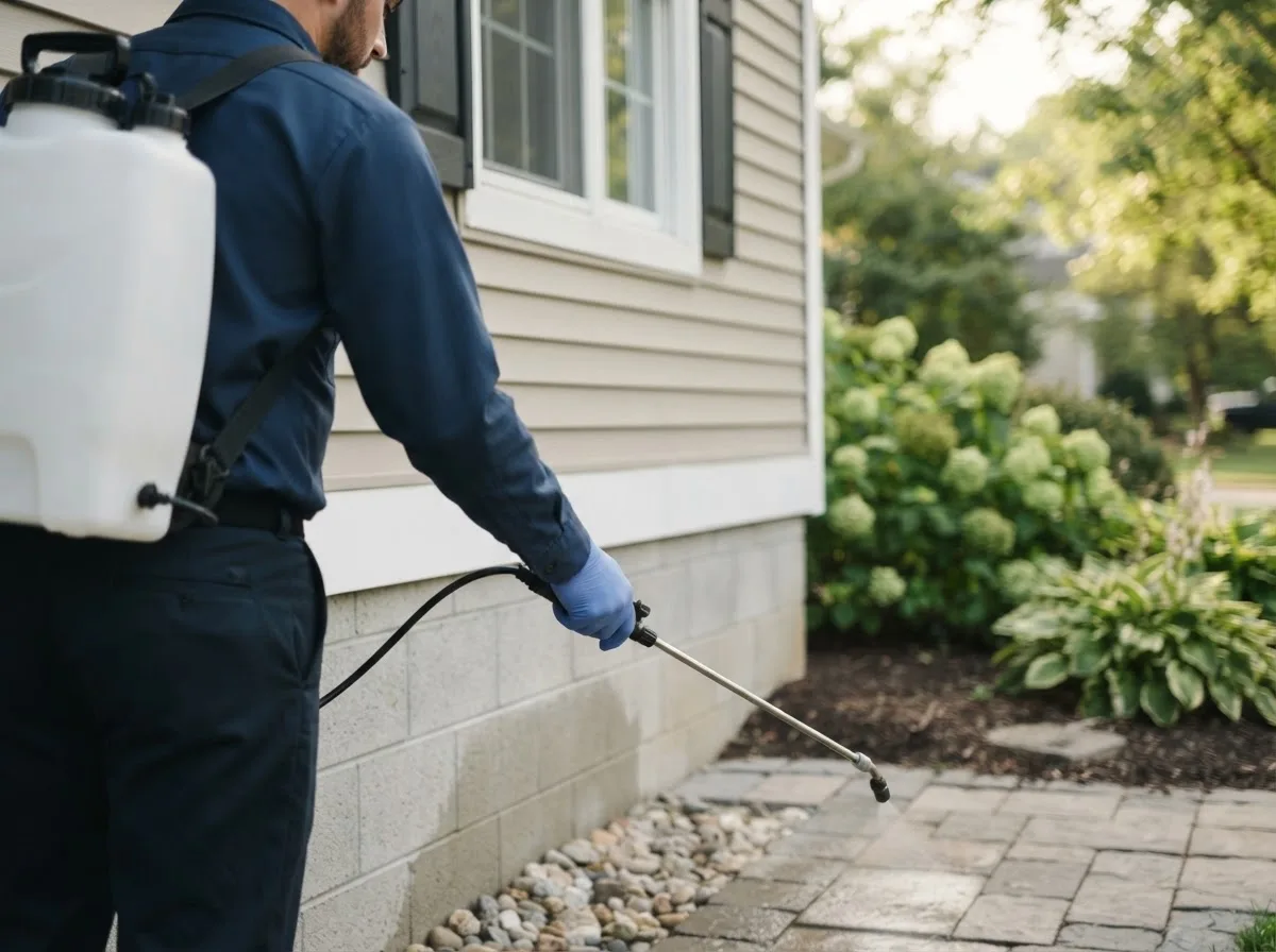 Pest control technician inspecting a home in Lakemore, OH